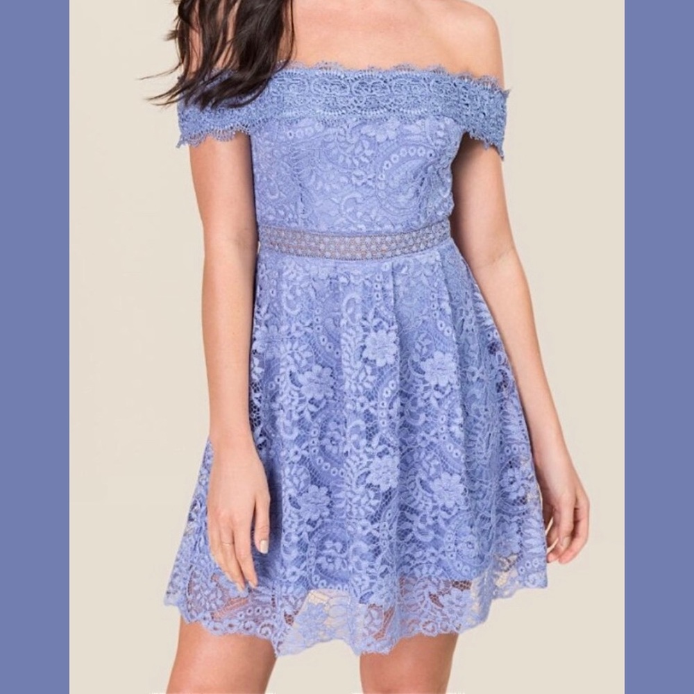 Francesca’s Addie Crochet A-Line Orchid Blue Dress, Bridesmaid, Wedding, Lace
